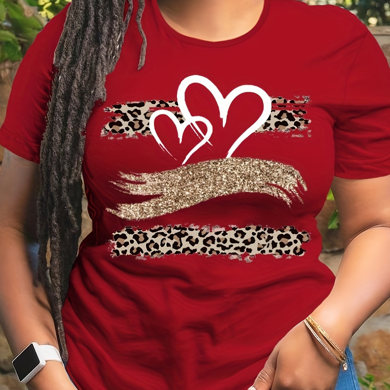 Plus Size Heart Print T-Shirt Women's Casual Short Sleeve Top