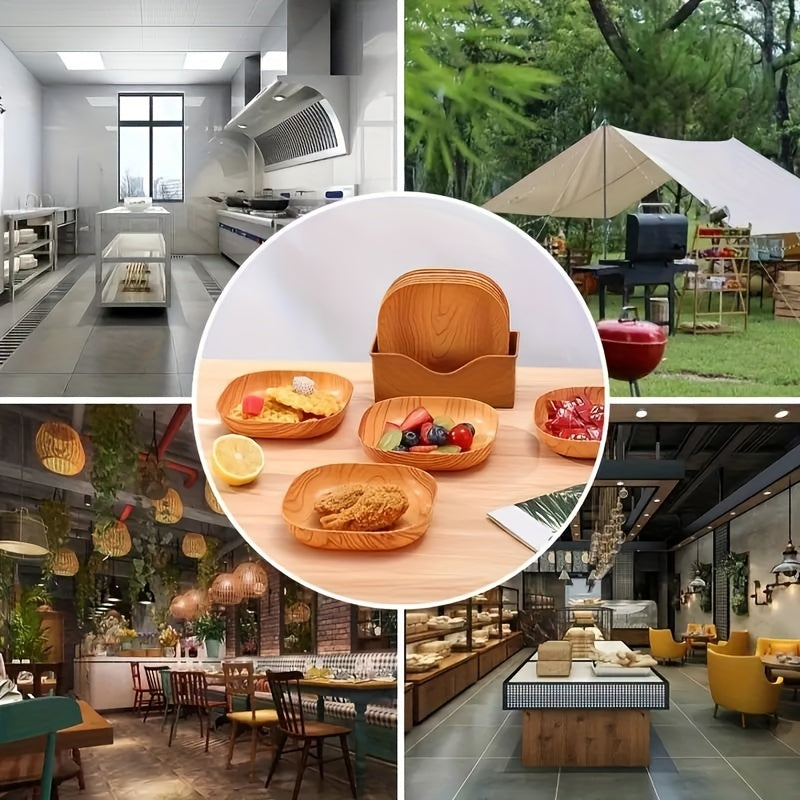 6-Piece Plastic Snack Dessert Fruit Bowls Set with Wood Grain Design Kitchen Serving Dishes