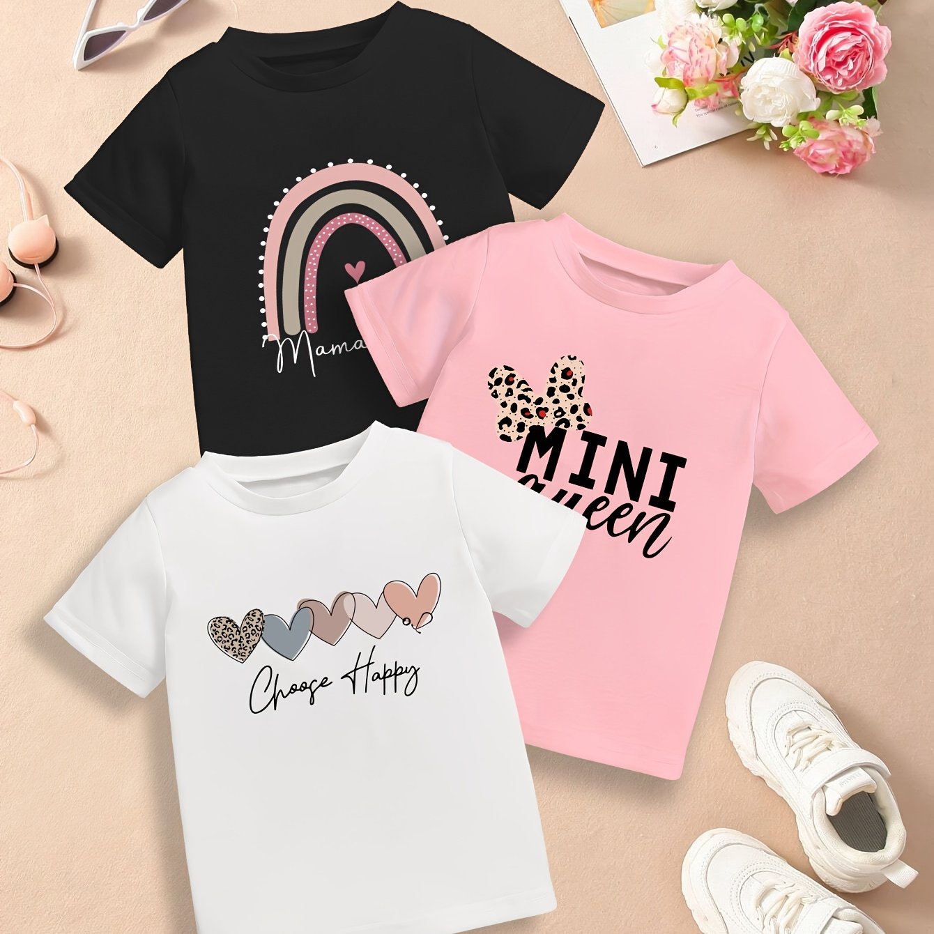 Girls' Polyester T-Shirt Set of 3 Casual Love and Letter Print for Valentine's Day and Ramadan