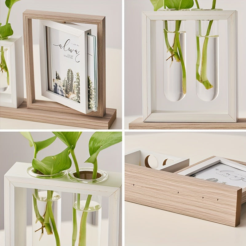 Hydroponic Plant Photo Frame with Glass Vase Wooden Desktop Decor for Living Room Study or TV Cabinet