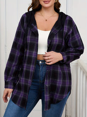Plus Size Womens Casual Plaid Hooded Shirt Long Sleeve Button Top