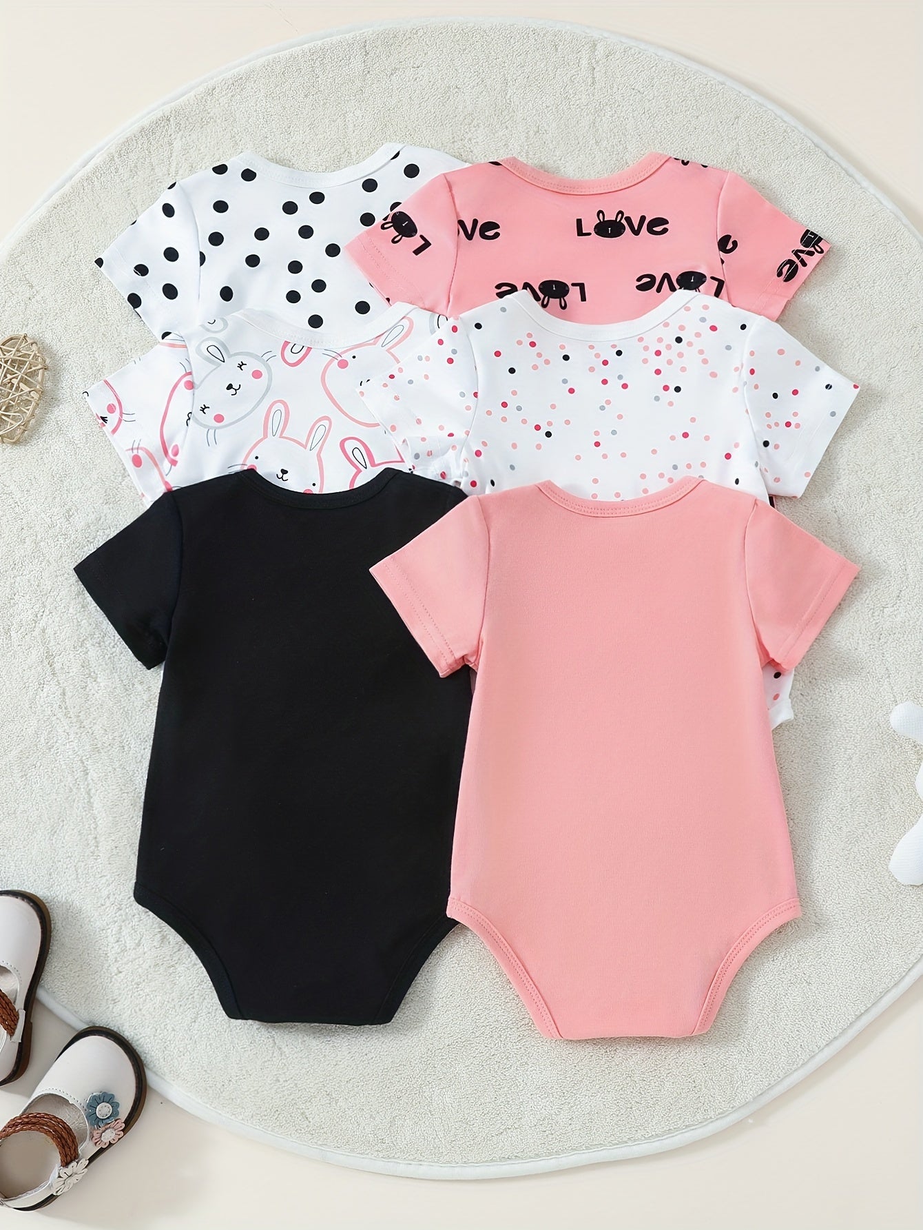 Set of Six Cute Bunny-Themed Short-Sleeve Cotton Baby Onesies for Outdoor Wear