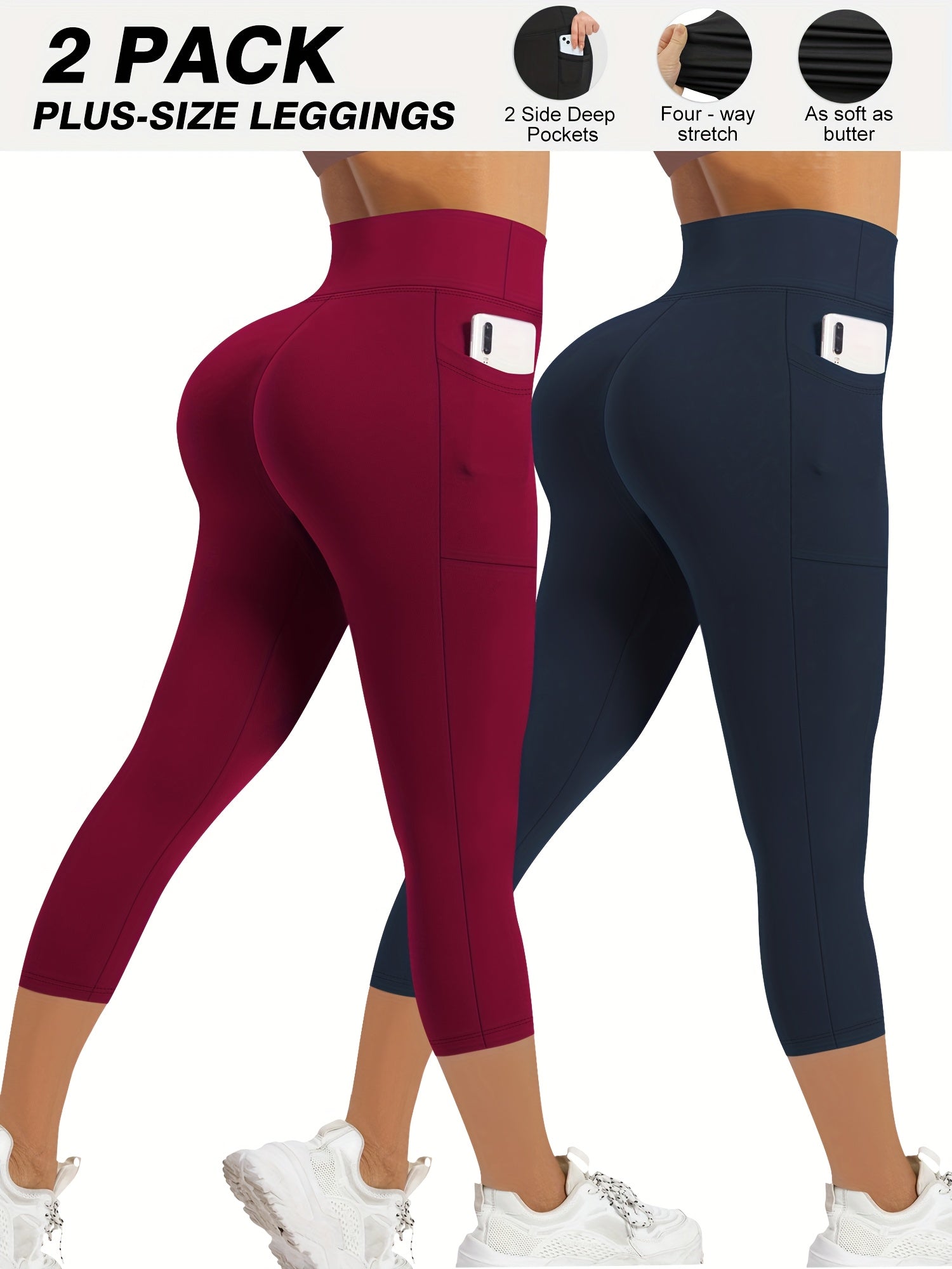 Plus Size Yoga Leggings 2 Pack High-Waisted Side Pocket Stretchy Activewear