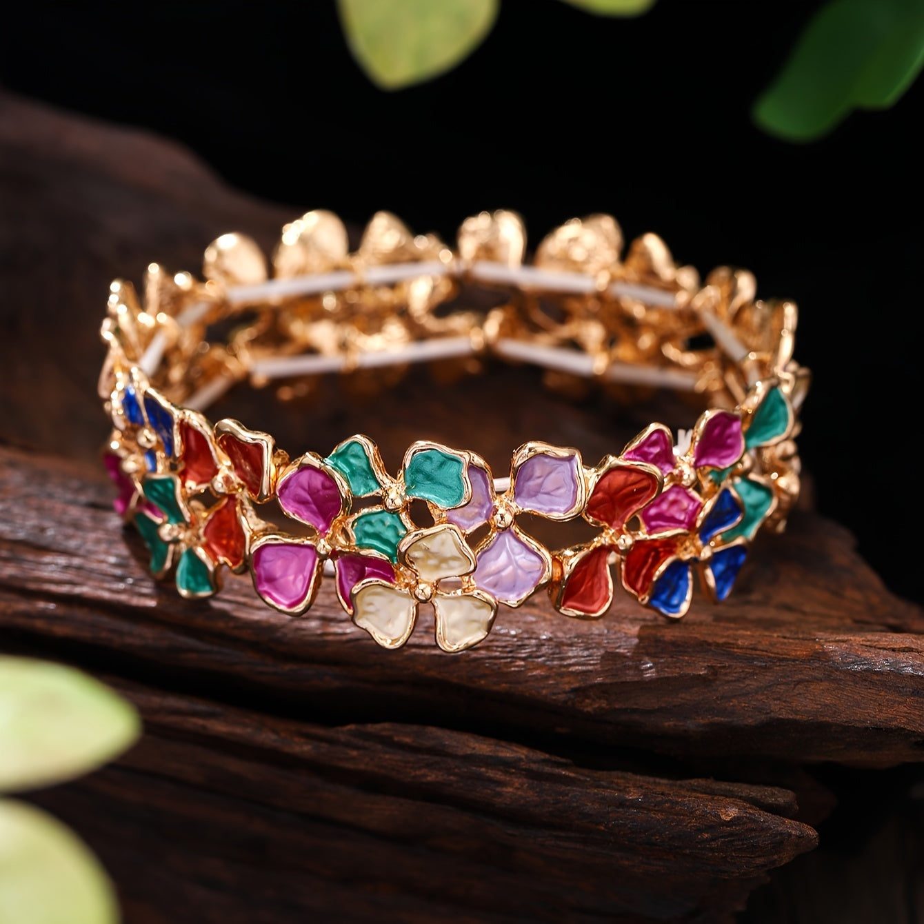 Women’s Enamel Flower Bracelet 18K Gold Plated Zinc Alloy Stretch Bangle Jewelry