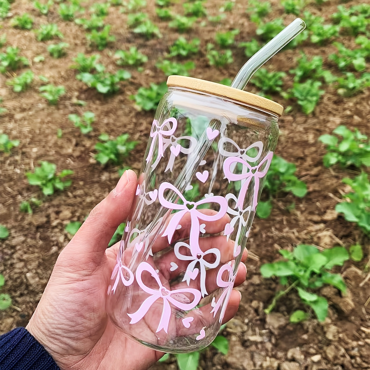 16oz Heart-Shaped Glass Cup with Lid and Straw for Coffee Milk Juice Gift