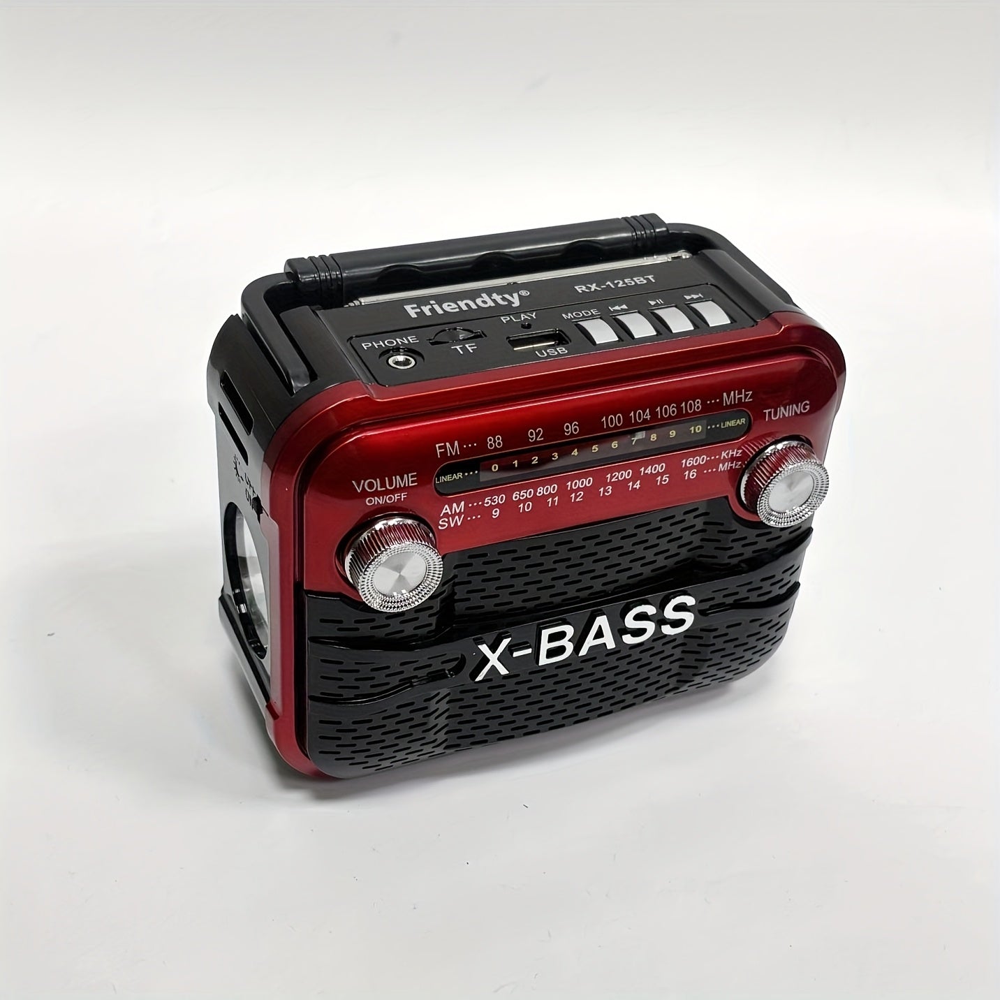 Portable FM Radio with Flashlight Rechargeable Battery USB TF BT Multi-Band Indoor Outdoor Red Black