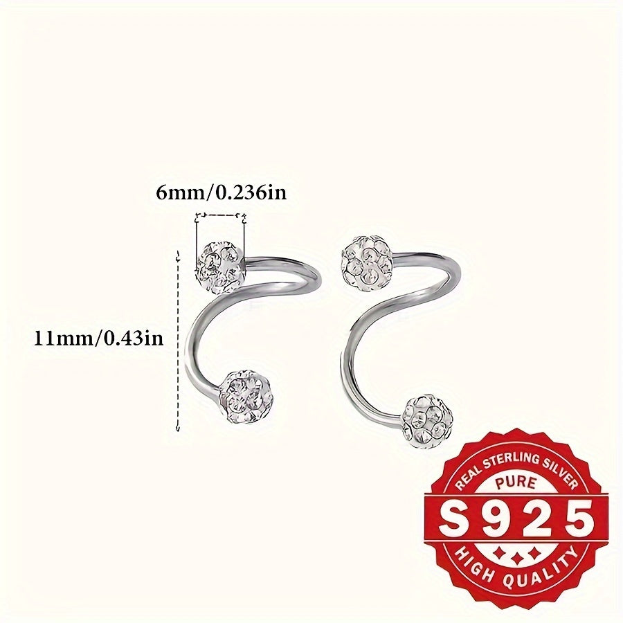Sterling Silver Screw Ball Stud Earrings with Sparkling Buckle S Bar for Gift and Party