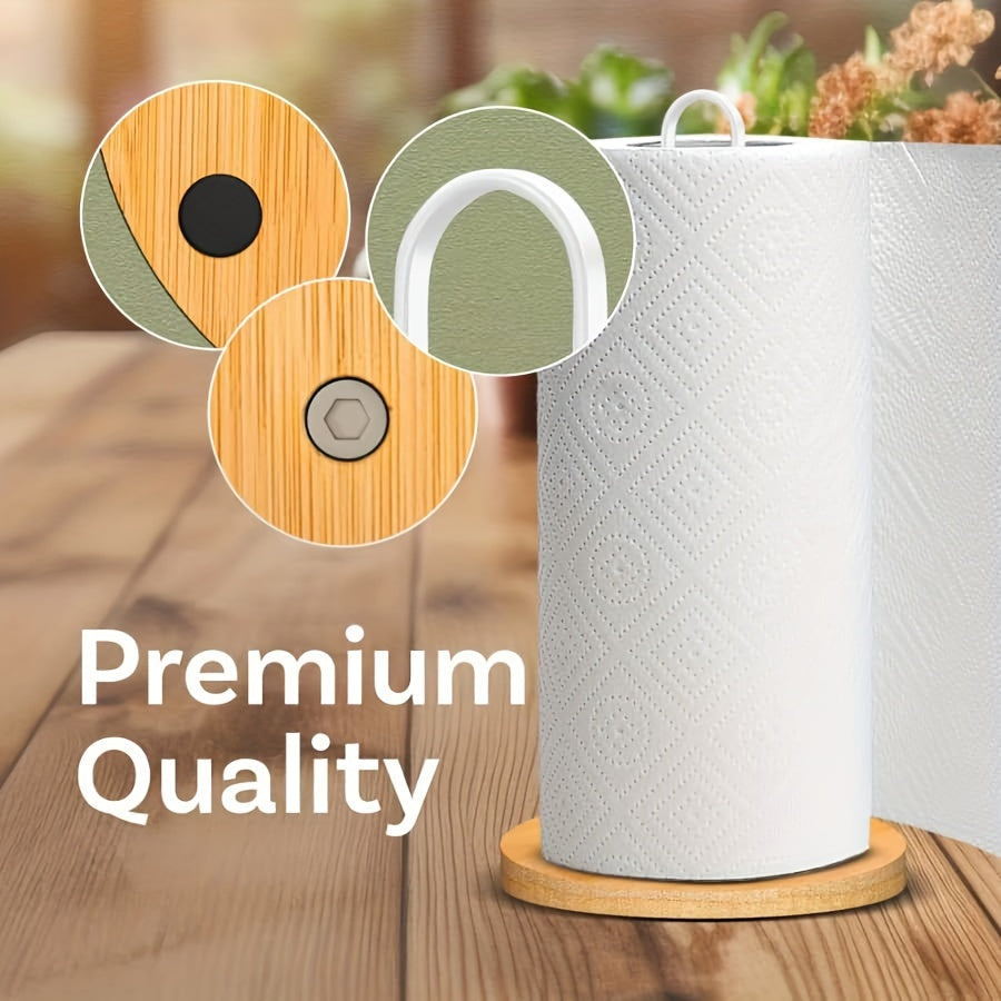 Porta rollos de papel de hierro metálico con base de bambú, organizador de cocina y baño independiente