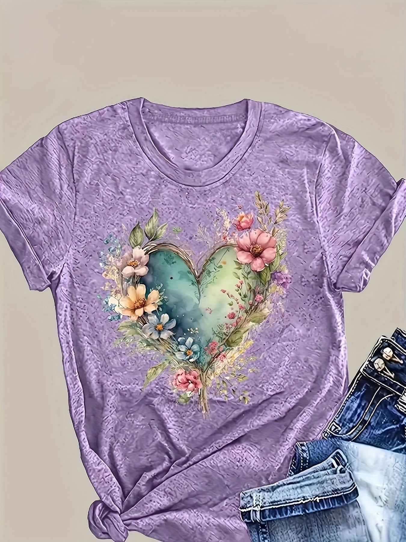 Plus Size Floral Print T-Shirts Pack of 3 Casual Crew Neck Polyester Knit Summer