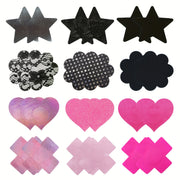 Set of 12 Black Breast Stickers with Pink Girl Design for Nipple Decoration and Body Art