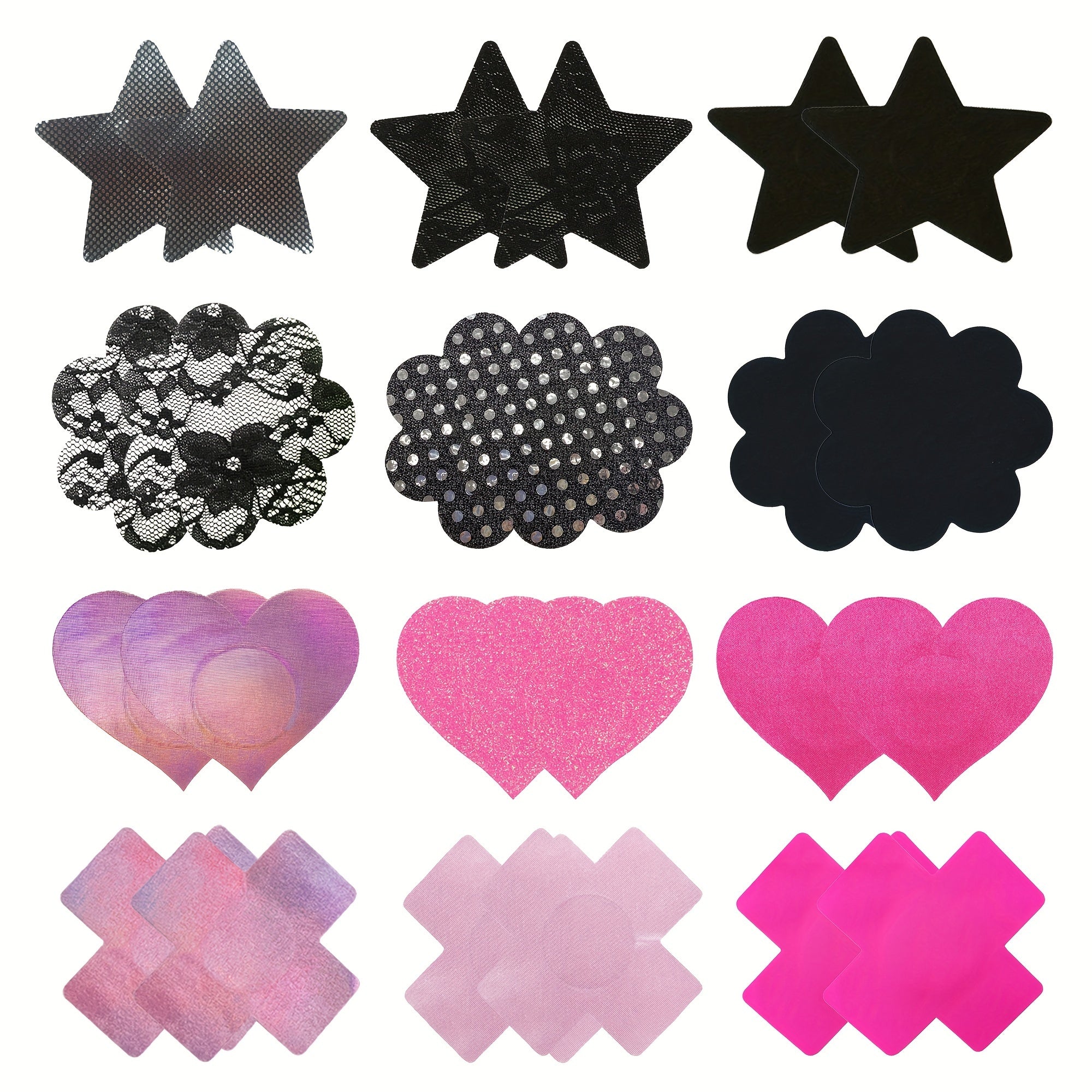 Set of 12 Black Breast Stickers with Pink Girl Design for Nipple Decoration and Body Art