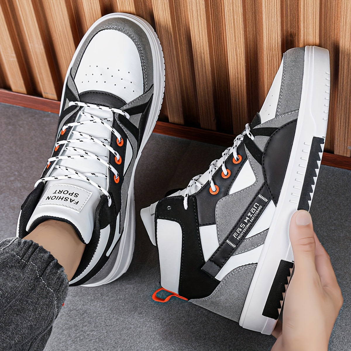 Men's High-Top Skate Sneakers Black White Gray Orange Casual Outdoor Sporty