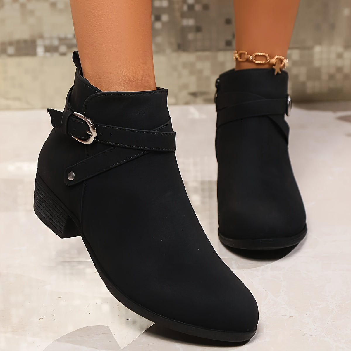 Women's Gray Ankle Boots with Buckle Straps Pointed Toe Chunky Heel