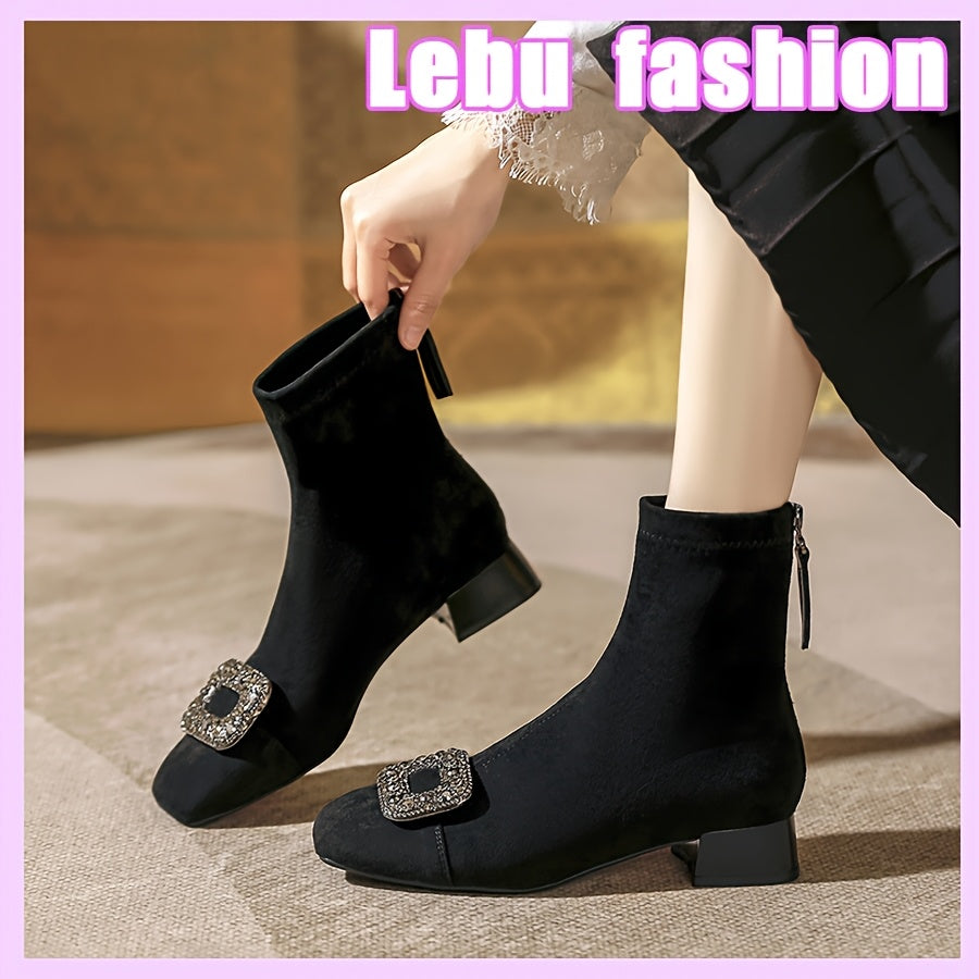 Women's Faux Leather Mid-Heel Boots with Rhinestone Buckle and Zipper