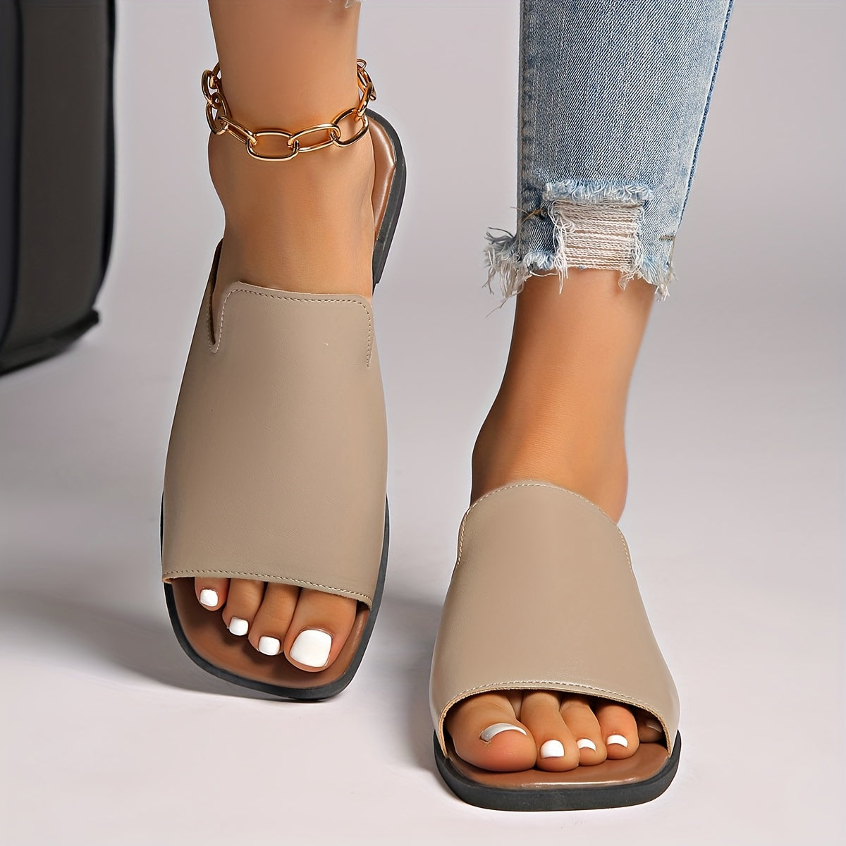 Women's Summer Flat Sandals Black Faux Cover Tan Sole Slip-On Arch Support