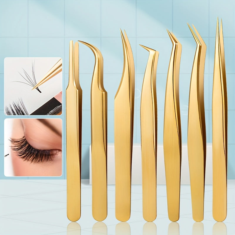 7-Piece Stainless Steel Eyelash Tweezers Set for False Eyelash and Eyebrow Grooming