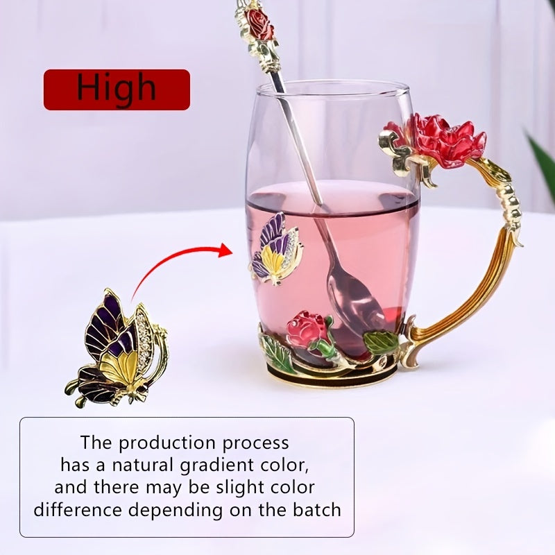 Enamel Crystal Tea Cup with Butterfly and Rose Design Includes Spoon Clear Glass