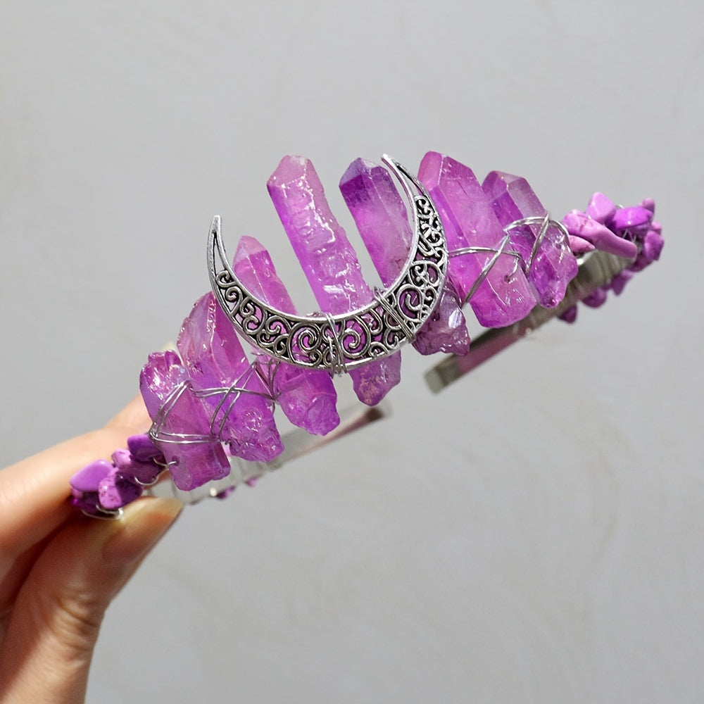 Women's Hair Accessory Headband with Natural Crystal and Moon Tiara Design