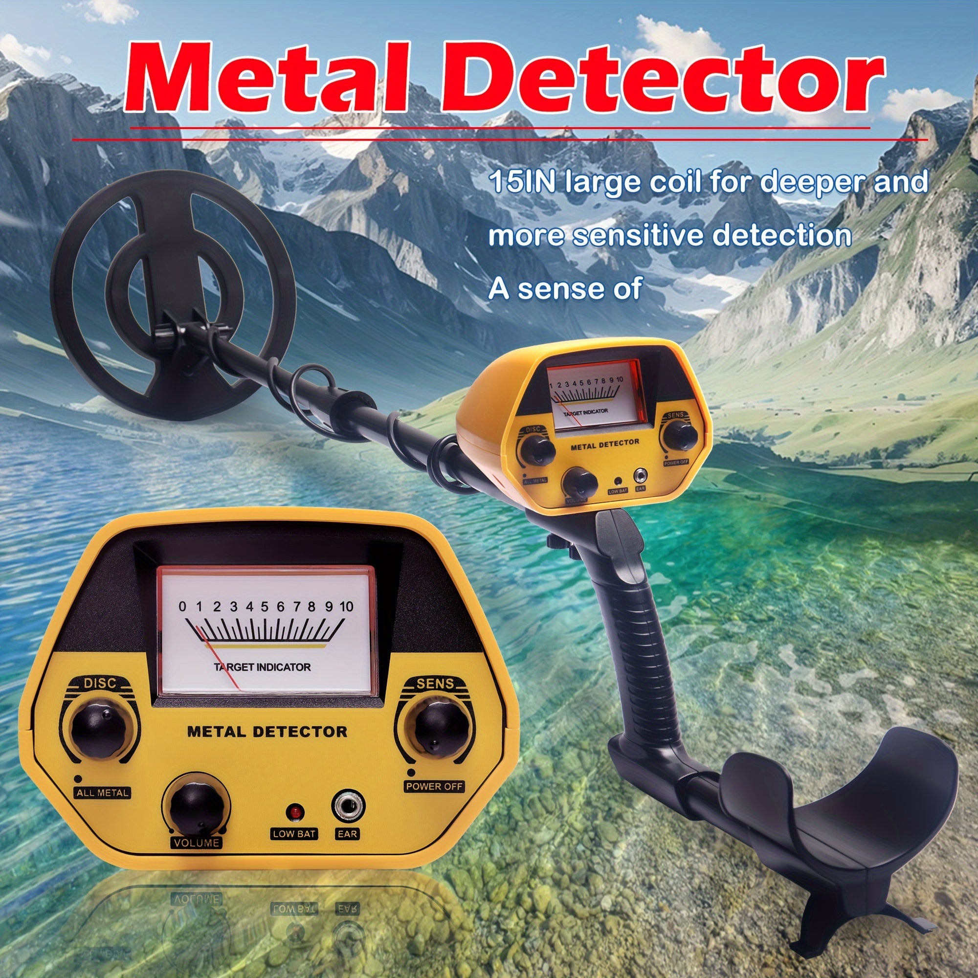 Detector de metales portátil de alta sensibilidad con bobina grande, pantalla LCD, discriminación ajustable para búsqueda de tesoros