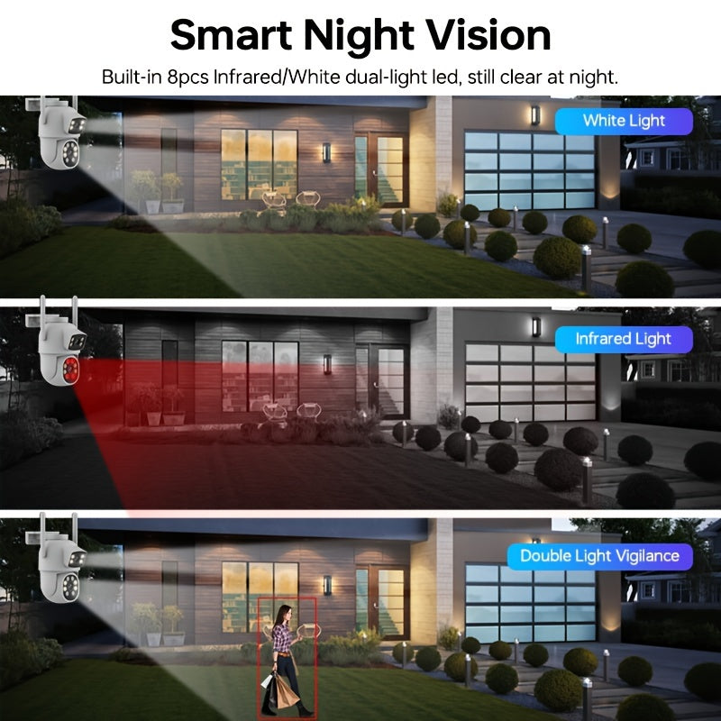 Tashqi simsiz xavfsizlik kamerasi, ikki linzali 360° ko'rinish, ilova xabarlari, rangli tungi ko'rinish, harakatni aniqlash, ikki tomonlama audio, SD/Cloud saqlash, IP65 suv o'tkazmaydigan - 4MP rezolyutsiya, 2.4g/5g Wifi'ni qo'llab-quvvatlaydi.