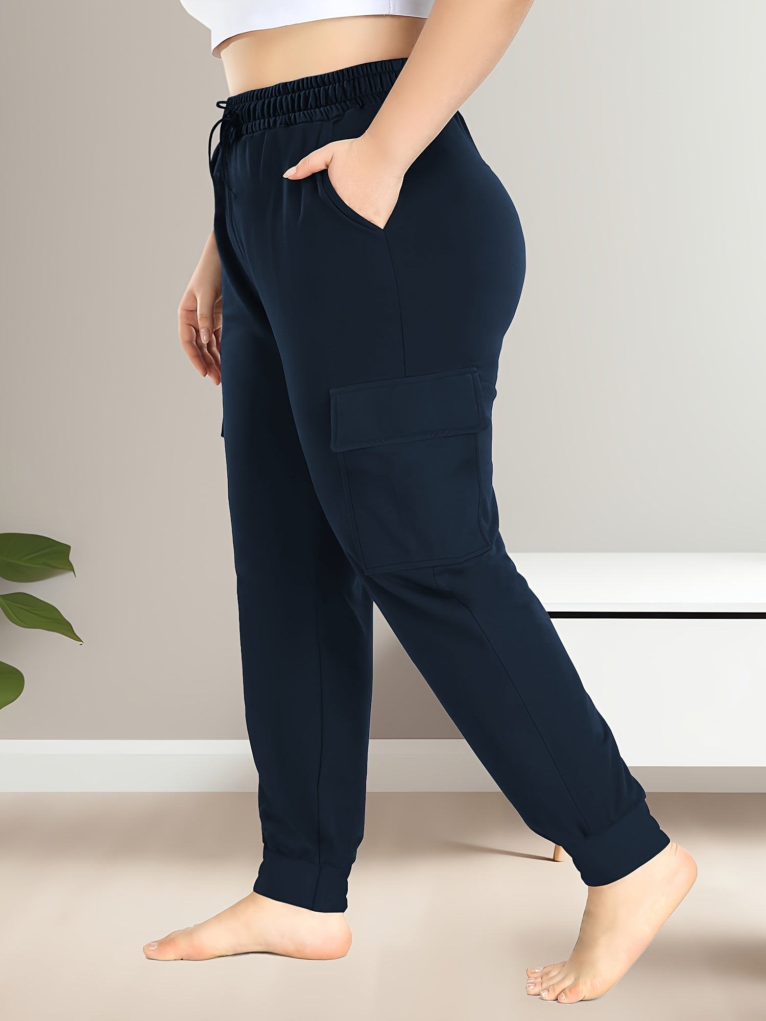 Plus Size High-Waist Cargo Pants With Pockets Polyester Stretchy Comfortable