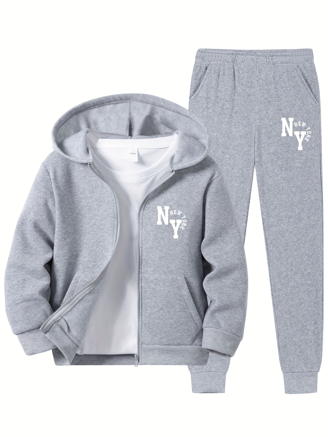 Boys Hoodie Set with New York Letter Print Long Sleeve Zip-Up Sports Jacket and Pants Fall Winter Casual