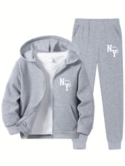 Boys Hoodie Set with New York Letter Print Long Sleeve Zip-Up Sports Jacket and Pants Fall Winter Casual