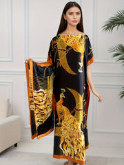 Plus Size Women's Black and Gold Printed Robe Dress with Scarf