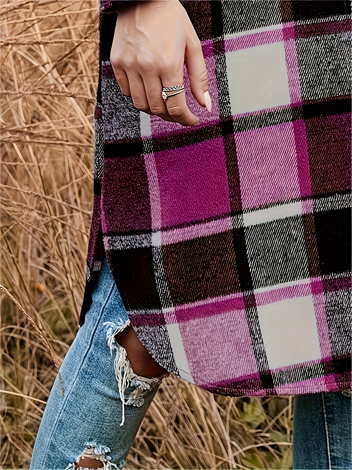 Plus Size Plaid Trench Coat with Side Slits Lapel Collar Fleece Blend Casual Outerwear