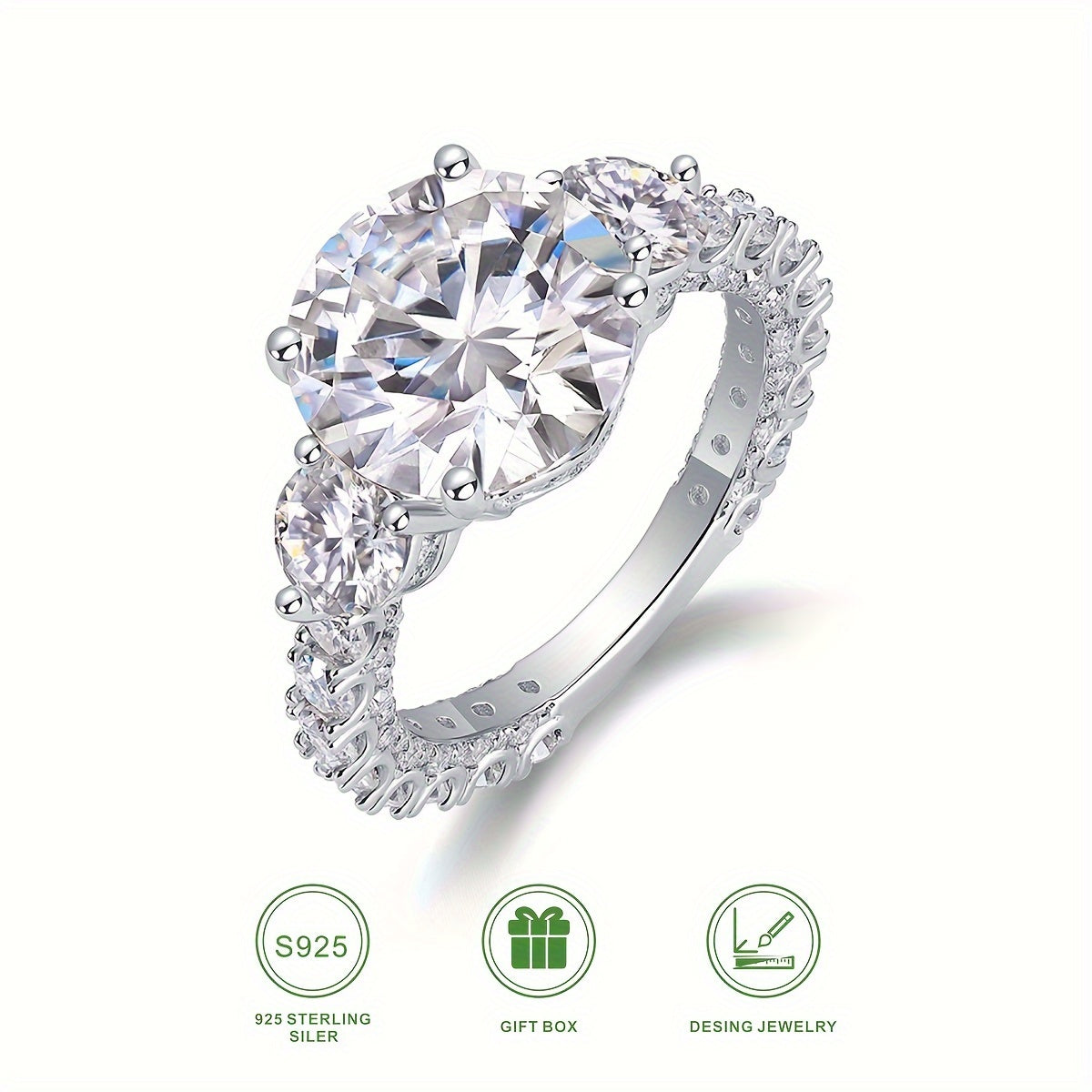 Vintage Bohemian Moissanite Engagement Ring 5 Carat Round Synthetic April Birthstone 18K Gold Plated Silver