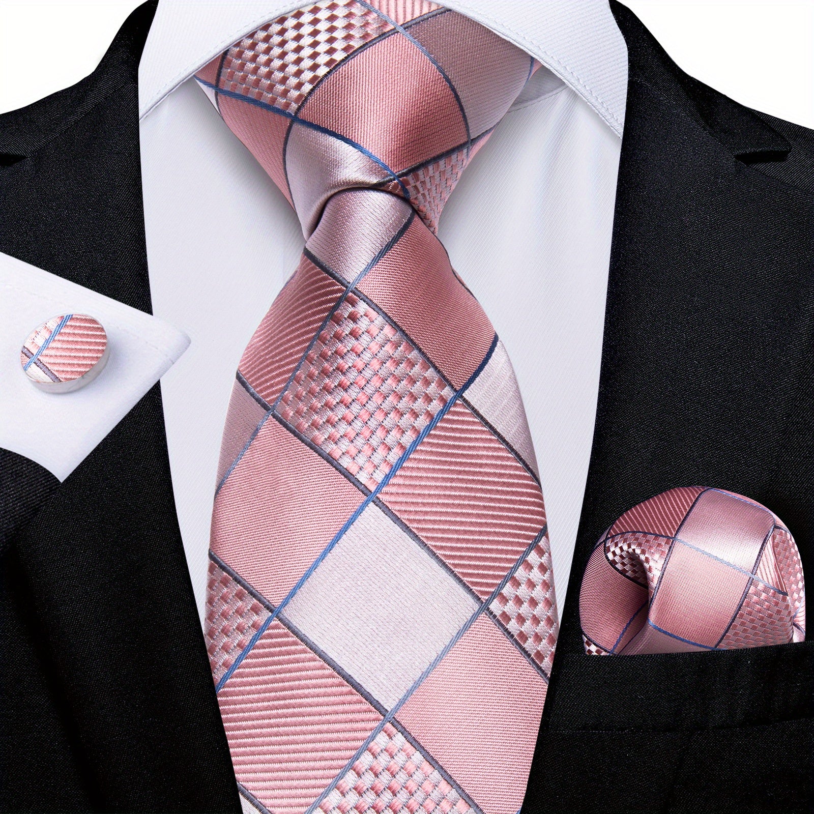 Stylish Men's Pink Patterned Tie Set with Pocket Square, Hanky, and Cufflinks - Perfect for Weddings or as a Gift