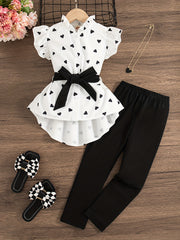 Girls Summer Casual 2-Piece Set Sleeveless Heart Print Top and Pants Polyester Regular Fit