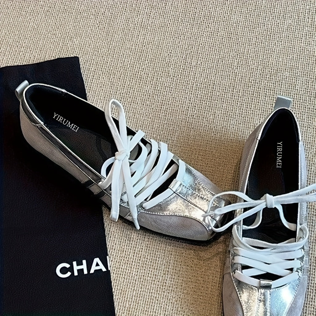 Women's French-Inspired Mary Jane Flats Square Toe Lace-Up Shoes Black White