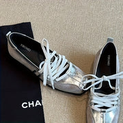 Women's French-Inspired Mary Jane Flats Square Toe Lace-Up Shoes Black White