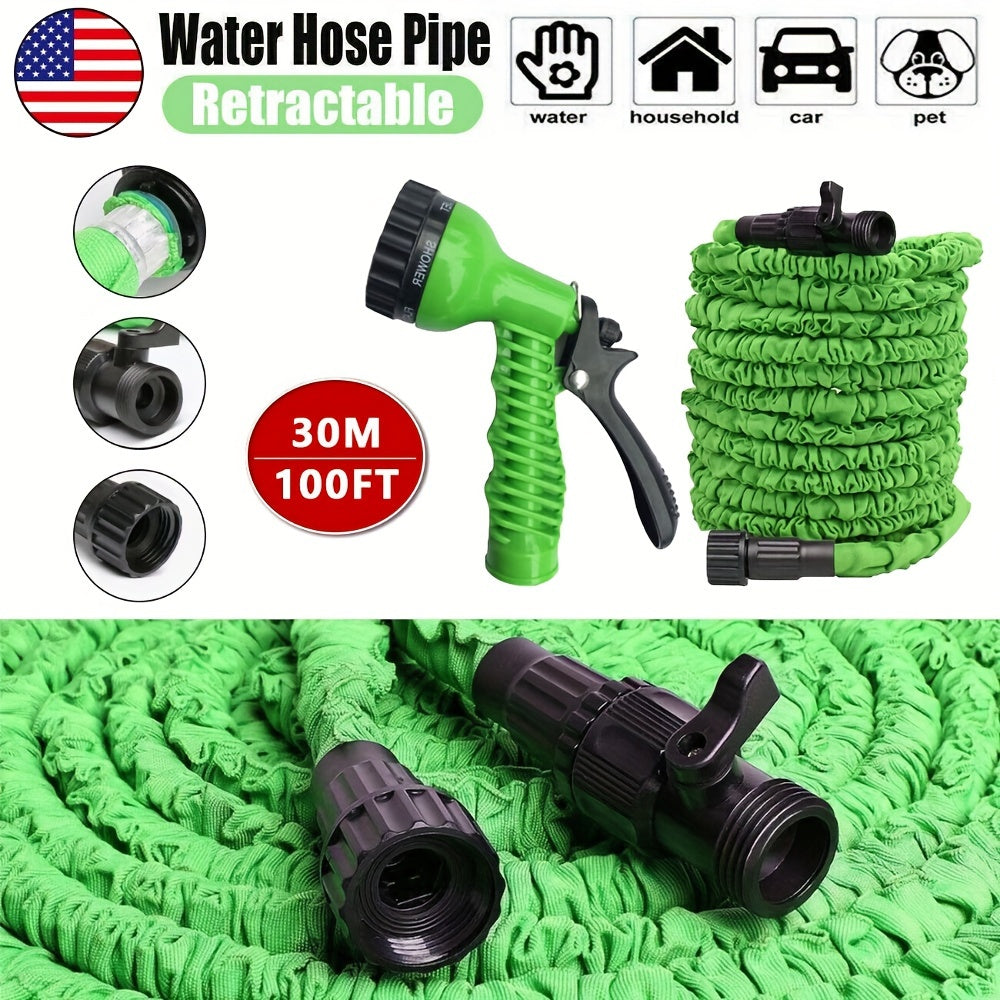 Универсальный выдвижной садовый шланг с распылителем, прочный резиновый материал для мойки автомобилей под высоким давлением и орошения. Совместим со стандартами резьбы в Европе и Америке, доступен в