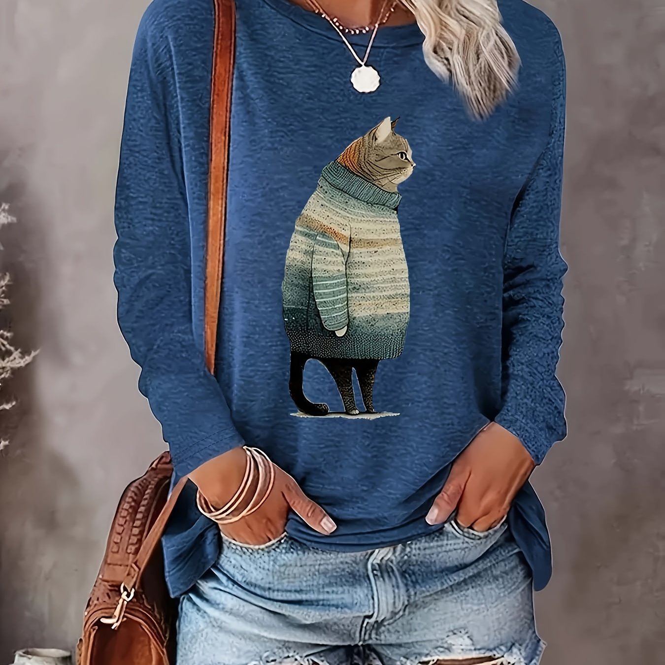 Women's Long Sleeve T-Shirt with Geometric Cat Print Casual Top
