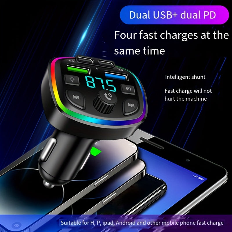 Wireless Car Stereo MP3 Player with EQ, Ambient Lights, Dual USB Fast Charging