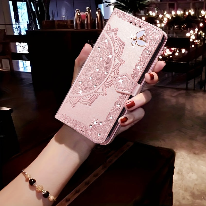 Embossed Mandala Faux Leather Phone Case with Crystals and Butterflies for Redmi