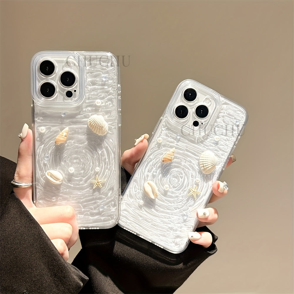 Funda de silicona transparente para teléfono con diseño de concha, estrella de mar, concha y perla para iPhone