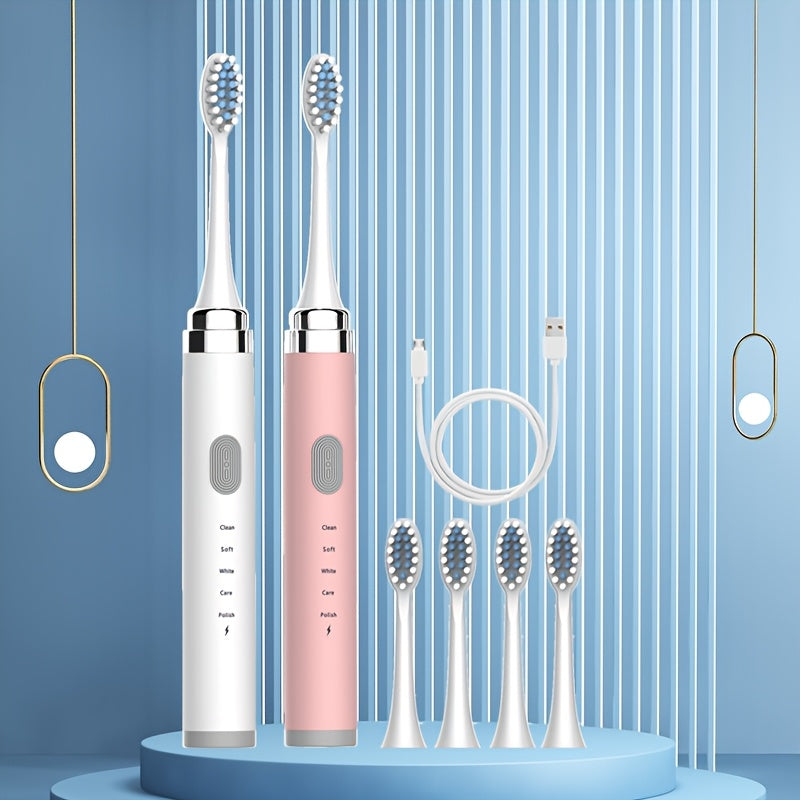 Electric Toothbrush Set 2pcs 5-Speed USB Rechargeable Soft Brush Heads Whitening