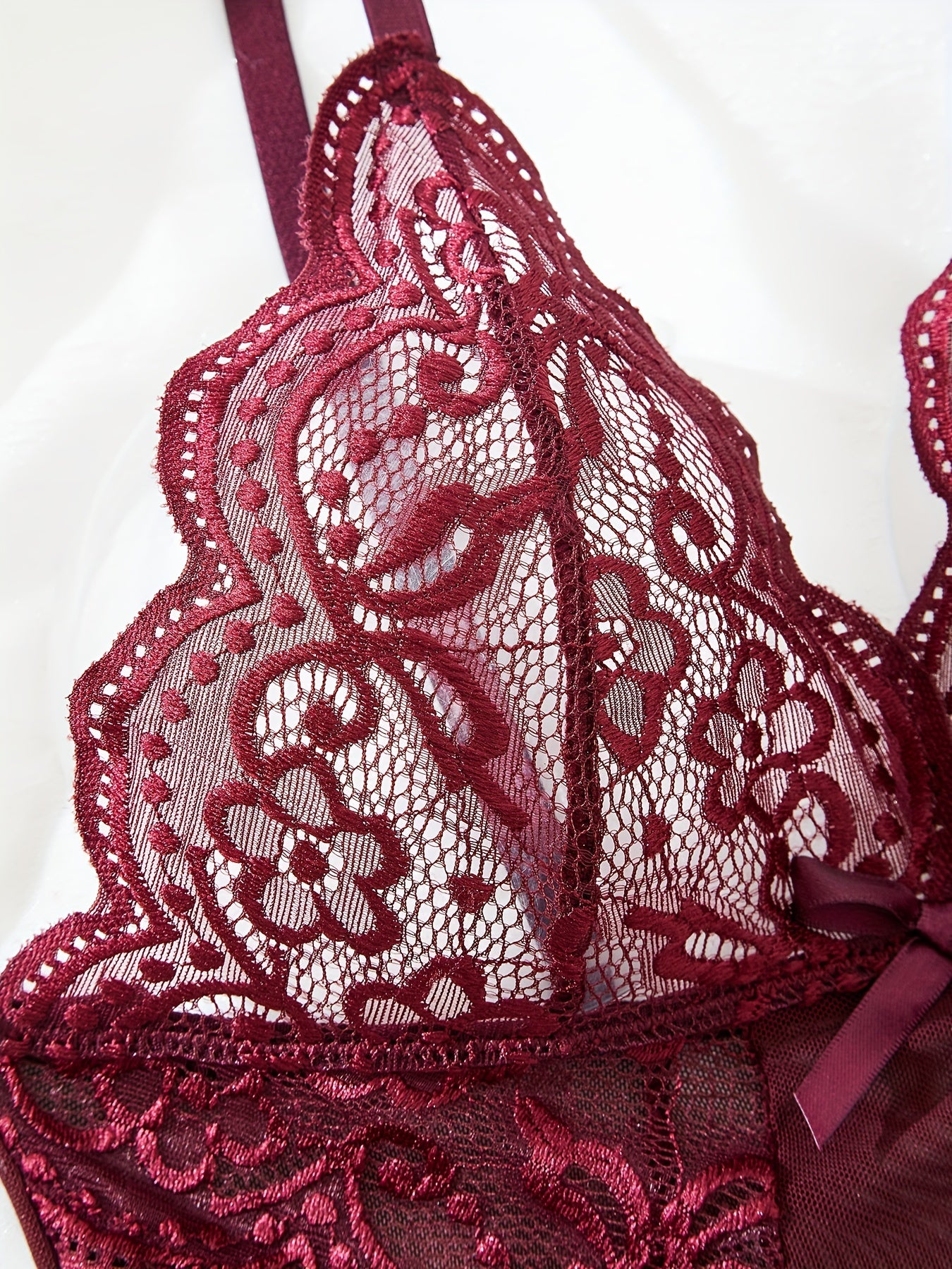 Бургундский кружевной пижамный комплект для женщин, без пояса и подкладки, средняя поддержка, изготовлен из взрослой трикотажной полиэстеровой ткани, идеален для экзотического нижнего белья и ночной одежды.