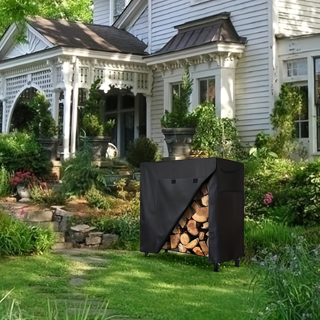 Black Waterproof Firewood Rack Cover Windproof Dust Protector for Outdoor Use