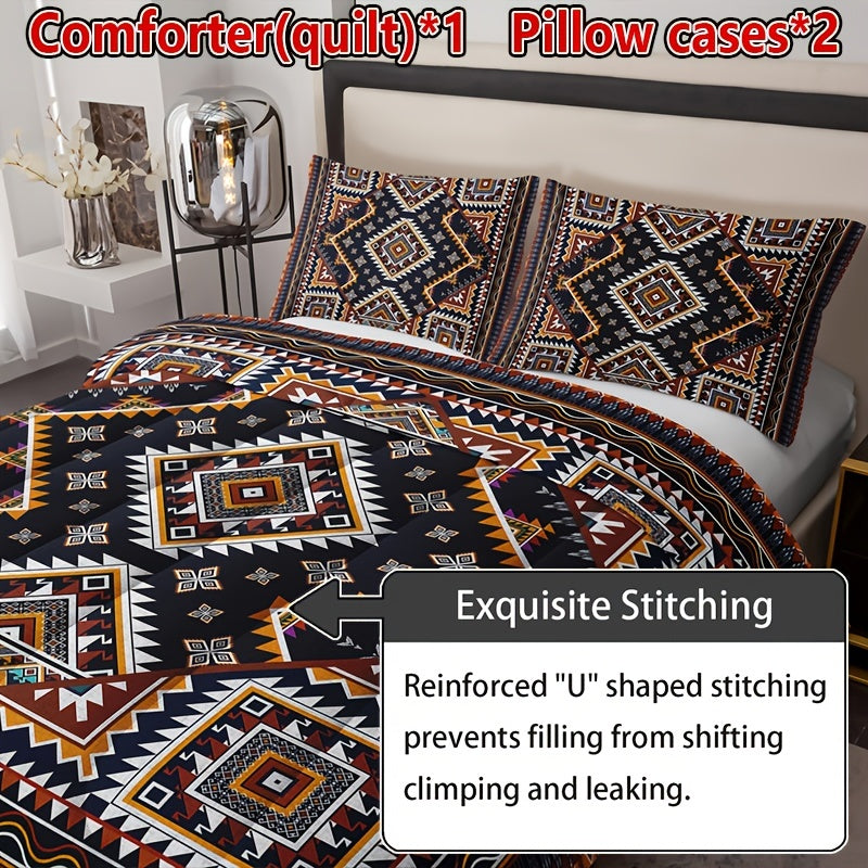 3-Piece Bohemian Plaid Quilt Set with Pillowcases All-Season Breathable Bedding