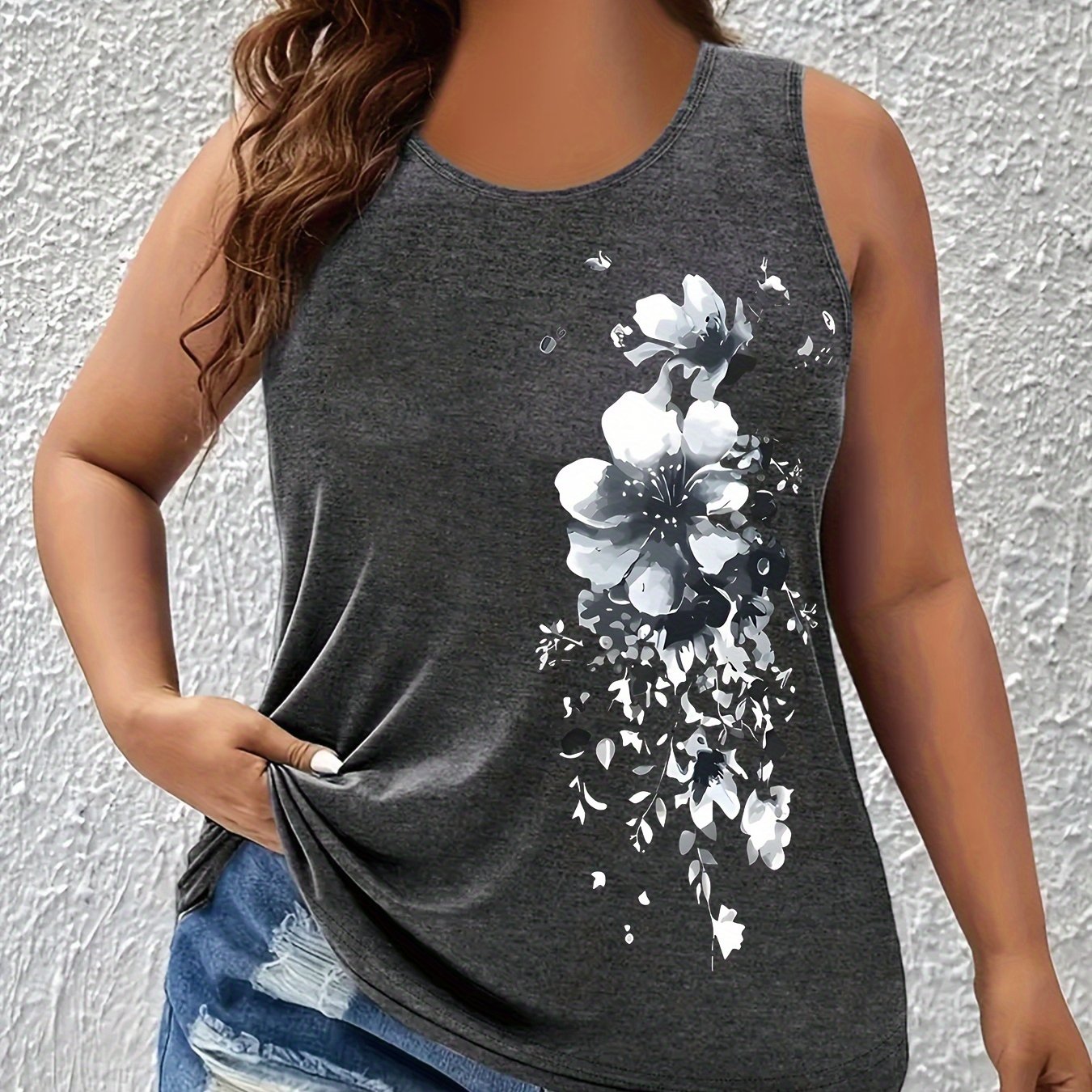 Plus Size Floral Print Tank Top for Women Summer Spring Casual Sleeveless Crew Neck