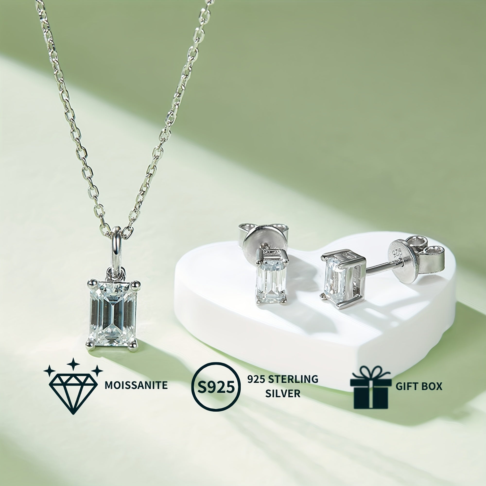 Elegant Moissanite Jewelry Set with Pendant Necklace and Stud Earrings 925 Silver Plated