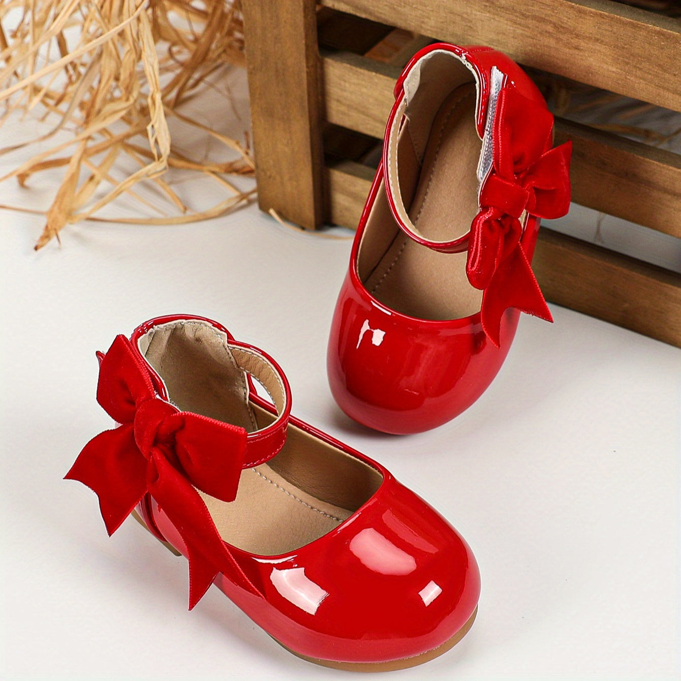 Girls' Casual Mary Jane Shoes with Bow, Lightweight PU, TPR Sole, Adjustable Strap