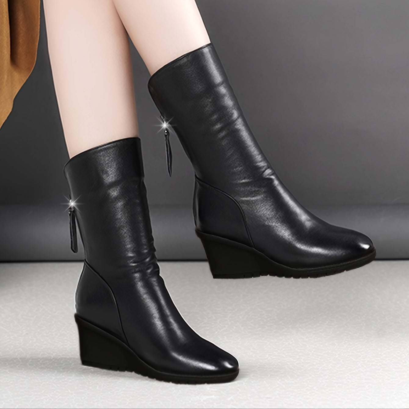 Women's Mid-Calf Faux Leather Boots with Wedge Heel for Autumn Winter