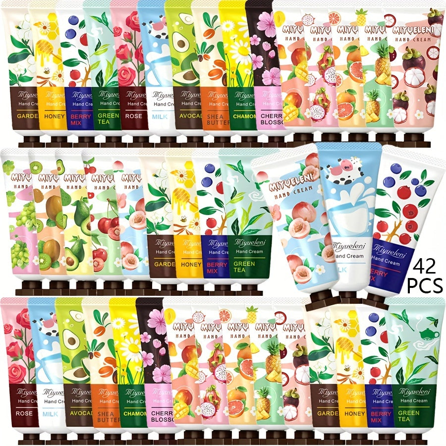 42-ta bo'lakli qo'l kremi sovg'a to'plami o'simlik va meva ekstraktlari bilan, gul aromati, spirtsiz, glitserin asosida, C vitamini bilan boyitilgan, barcha teri turlari uchun