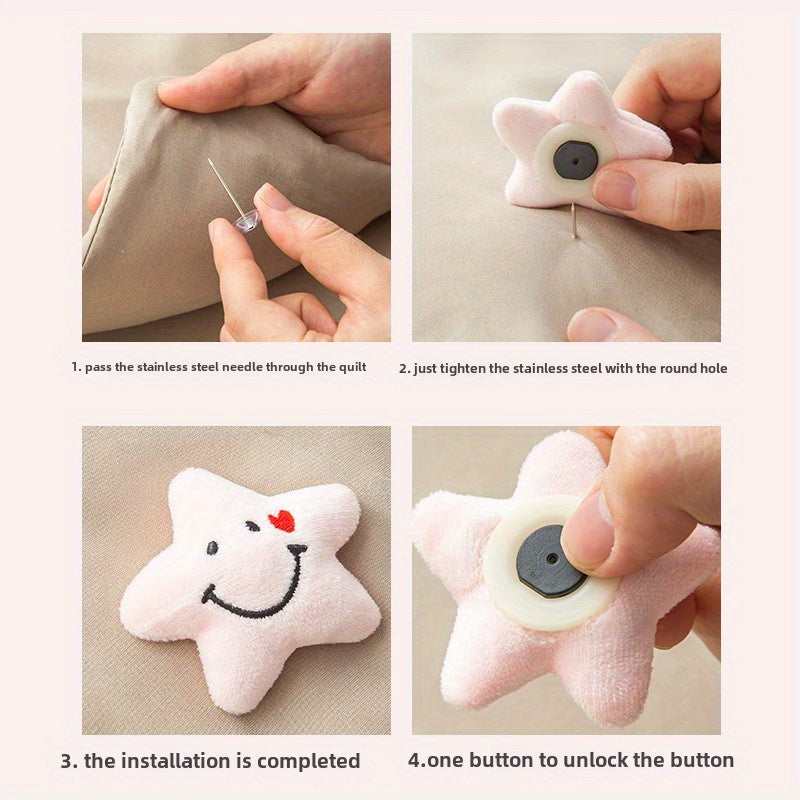 Set of 4 Blue Star-Shaped Quilt and Bed Skirt Corner Holders with Plush Faces