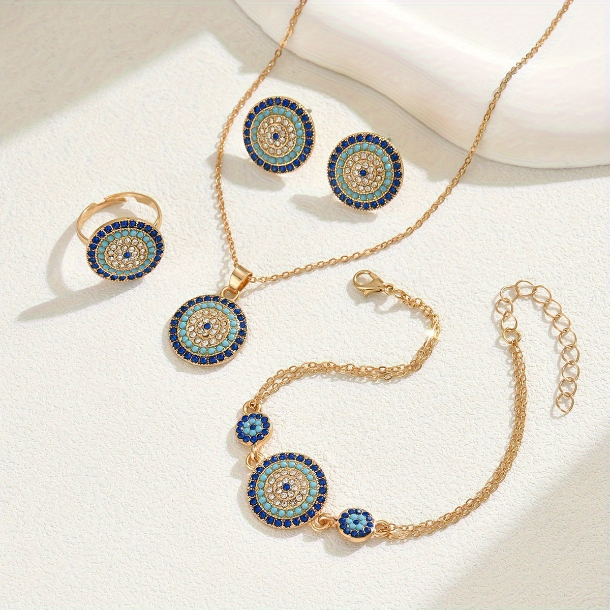 Women's Boho Jewelry Set with Turquoise Inlaid Necklace Bracelet Earrings Ring Floral Design